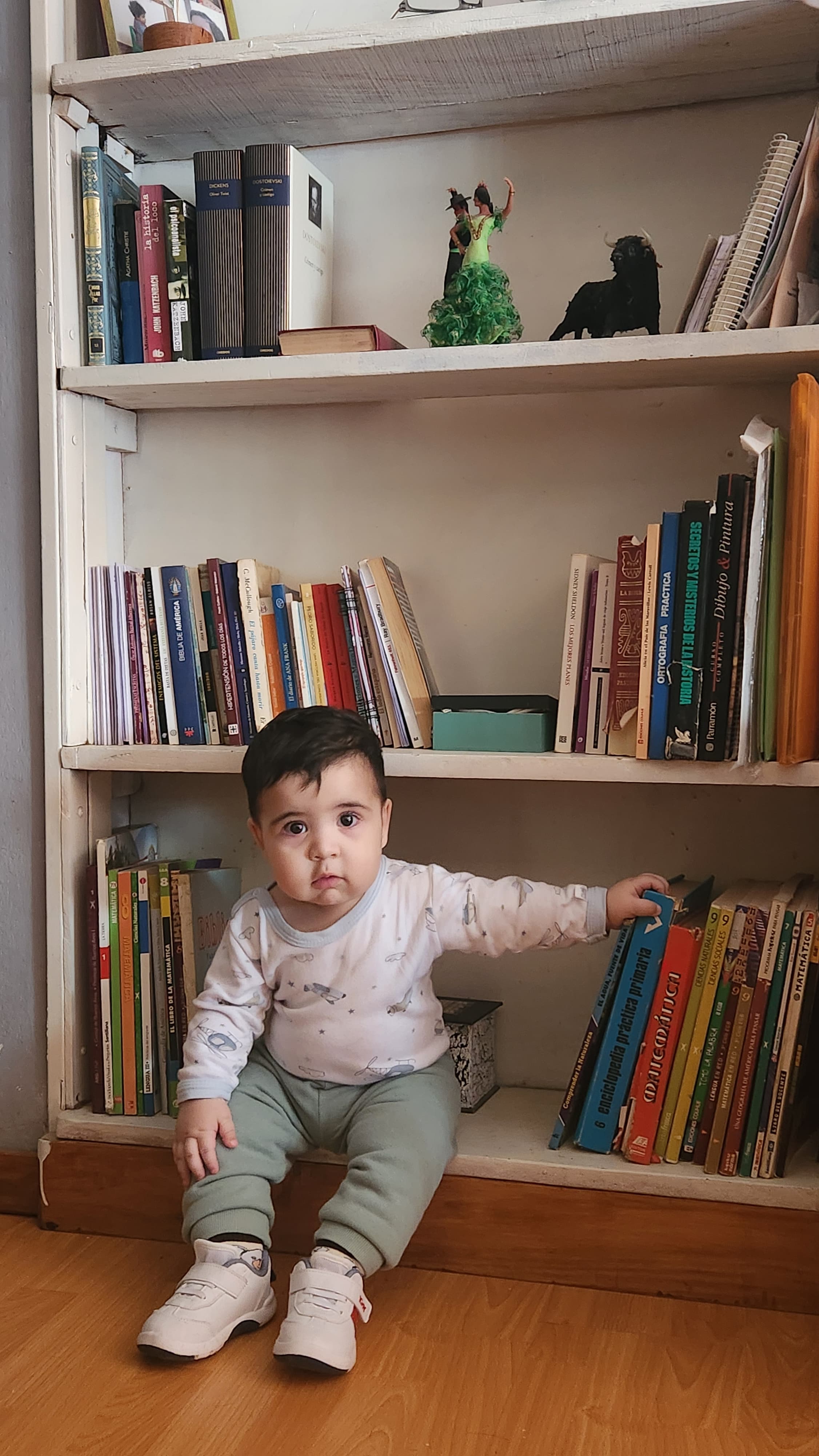 Bautista sentado frente a una biblioteca